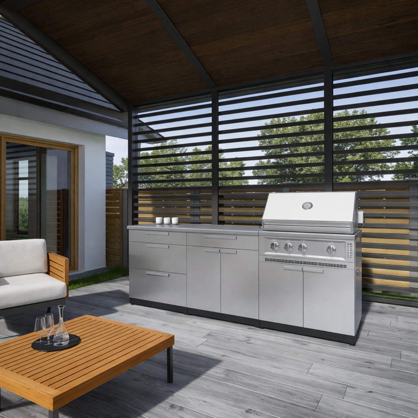 Outdoor Kitchen Stainless Steel 97 In. W X 36.5 In. H X 24 In. D 3-Piece Cabinet Set without Counter Tops