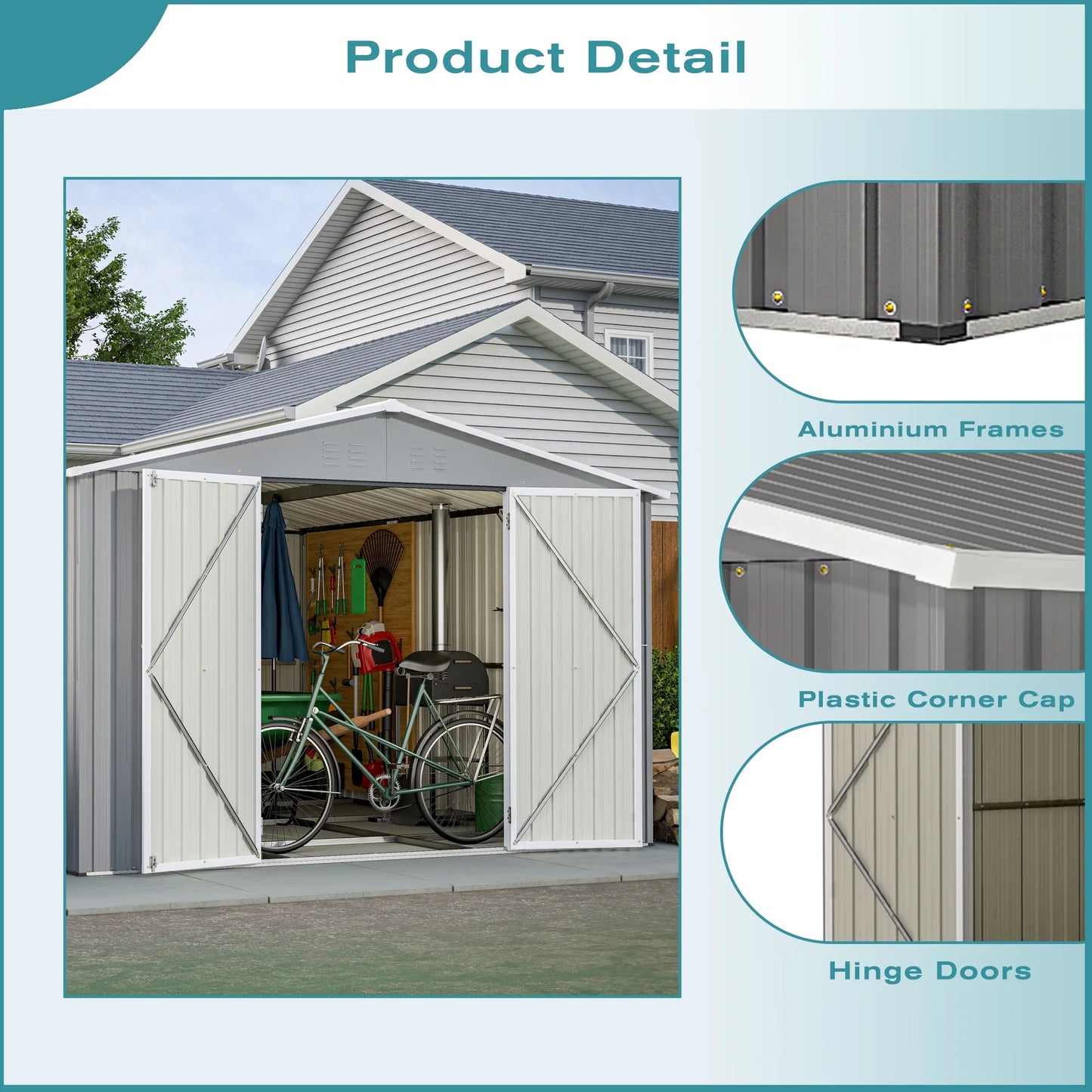 10 X 12 Ft. Outdoor Storage Shed with Floor Frame Kit, Galvanized Steel Garden Shed, Metal Tool Sheds with Double Lockable Doors for Backyard Patio Lawn, Gray