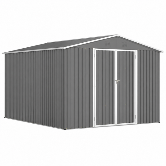 10 X 12 Ft. Outdoor Storage Shed with Floor Frame Kit, Galvanized Steel Garden Shed, Metal Tool Sheds with Double Lockable Doors for Backyard Patio Lawn, Gray