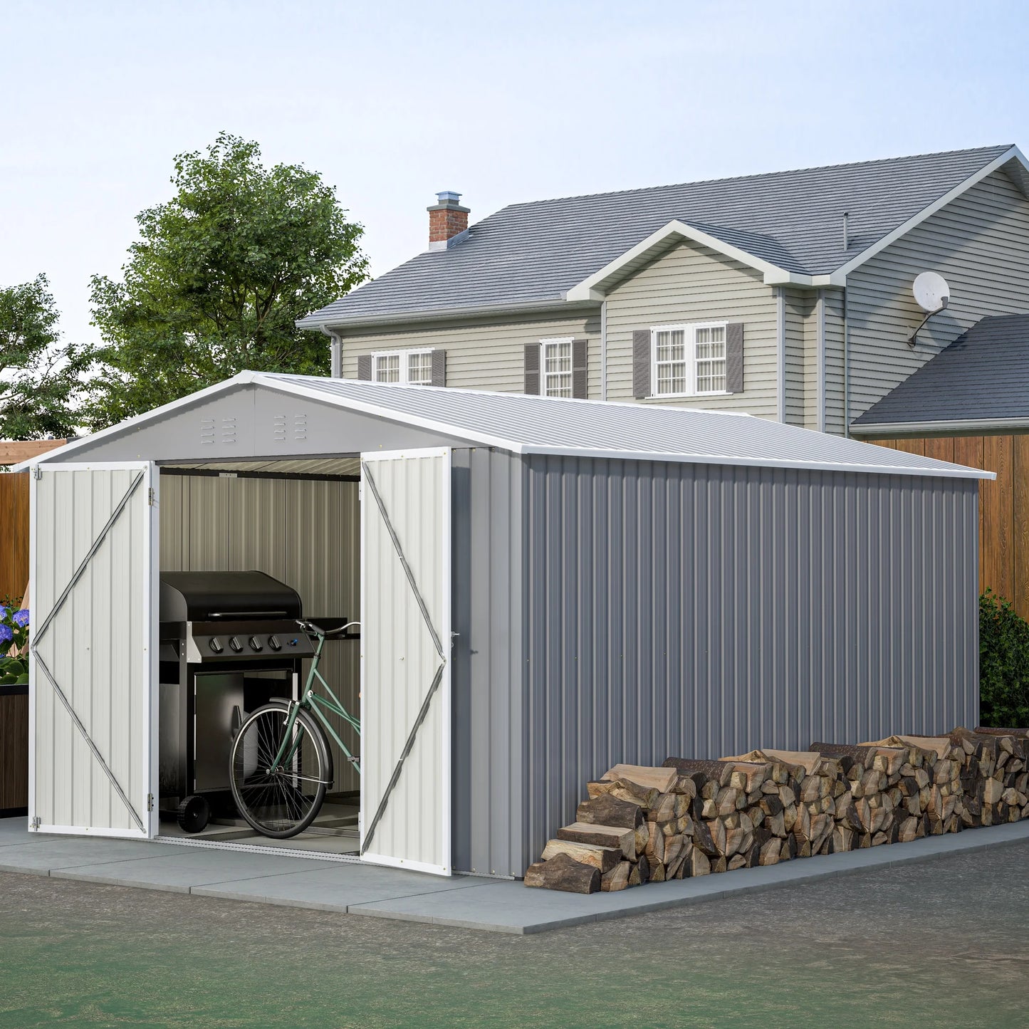 10 X 12 Ft. Outdoor Storage Shed with Floor Frame Kit, Galvanized Steel Garden Shed, Metal Tool Sheds with Double Lockable Doors for Backyard Patio Lawn, Gray