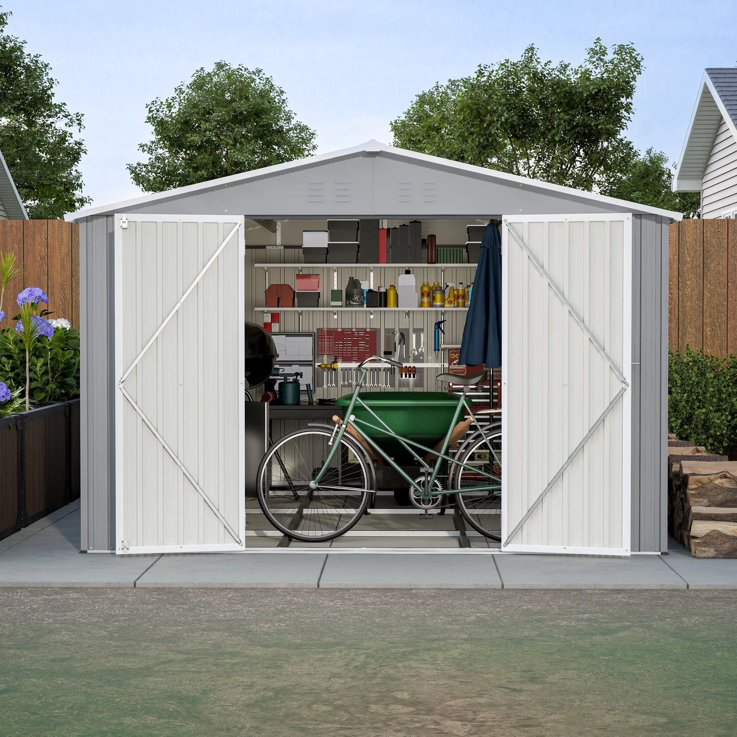 10 X 12 Ft. Outdoor Storage Shed with Floor Frame Kit, Galvanized Steel Garden Shed, Metal Tool Sheds with Double Lockable Doors for Backyard Patio Lawn, Gray