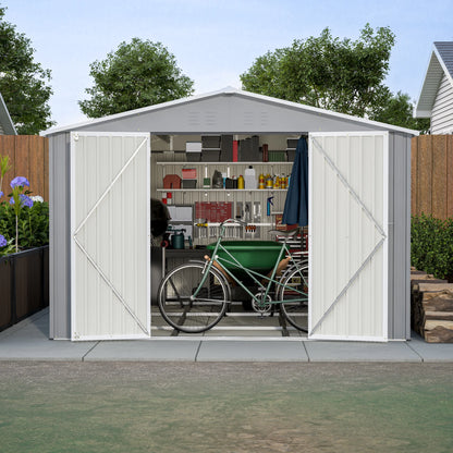 10 X 12 Ft. Outdoor Storage Shed with Floor Frame Kit, Galvanized Steel Garden Shed, Metal Tool Sheds with Double Lockable Doors for Backyard Patio Lawn, Gray