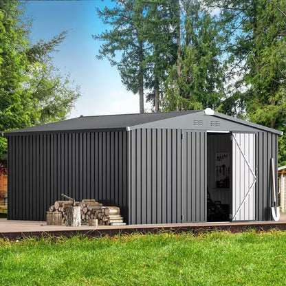 12 Ft. W X 12 Ft. D Dark Gray Metal Garden Sheds and Outdoor Storage Shed Lockable for Backyard (144 Sq. Ft.)