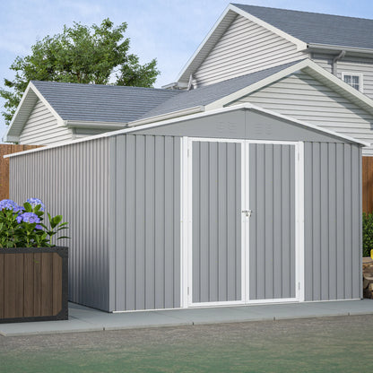 10 X 12 Ft. Outdoor Storage Shed with Floor Frame Kit, Galvanized Steel Garden Shed, Metal Tool Sheds with Double Lockable Doors for Backyard Patio Lawn, Gray