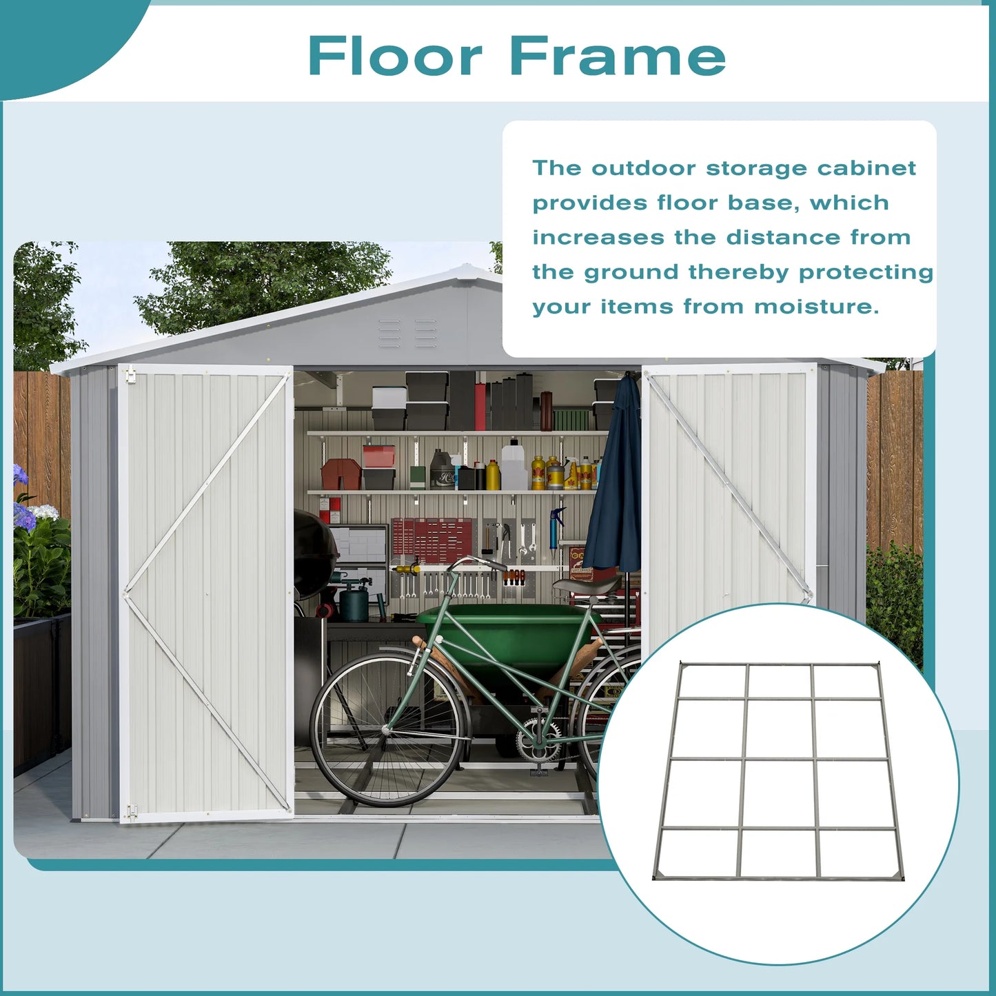 10 X 12 Ft. Outdoor Storage Shed with Floor Frame Kit, Galvanized Steel Garden Shed, Metal Tool Sheds with Double Lockable Doors for Backyard Patio Lawn, Gray