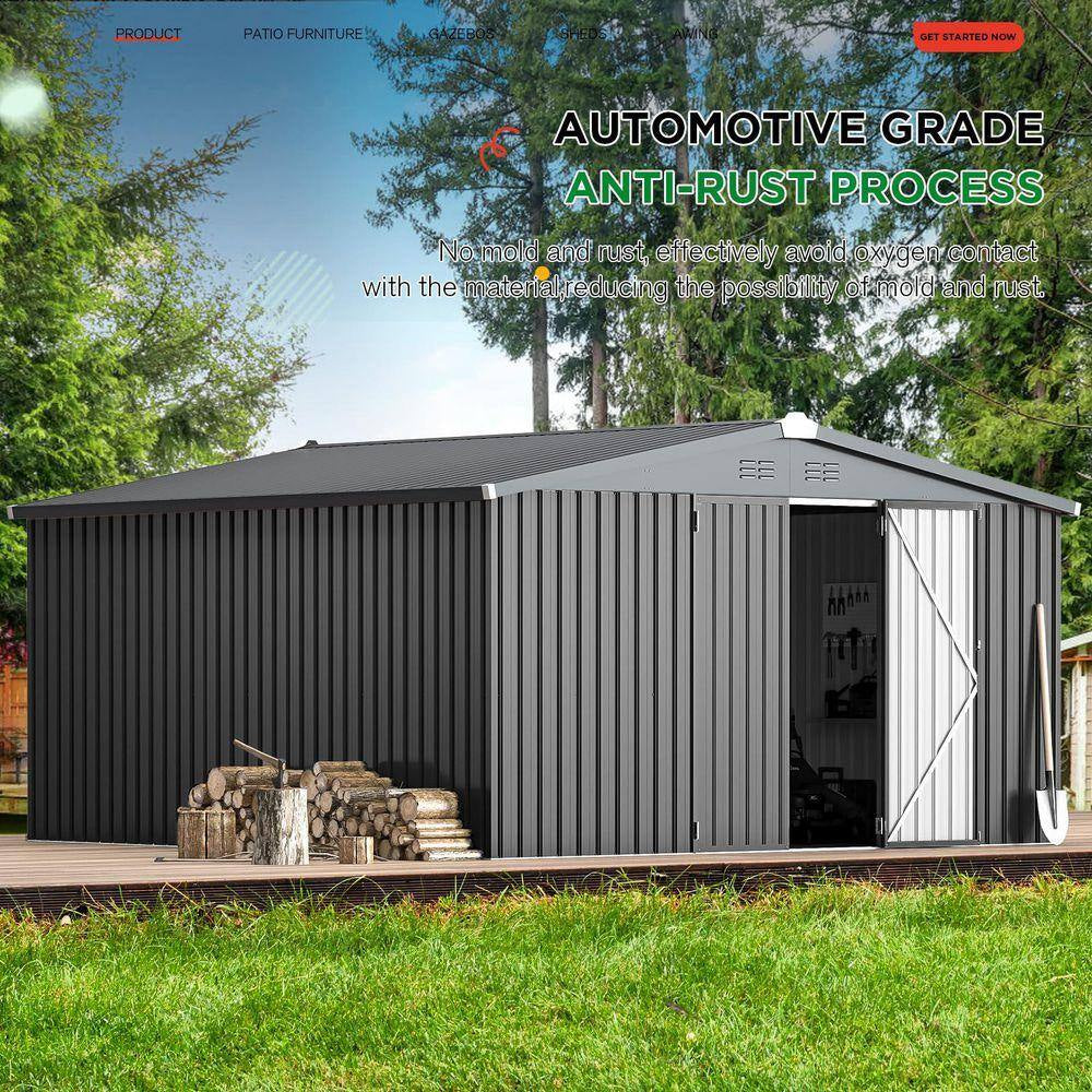 12 Ft. W X 12 Ft. D Dark Gray Metal Garden Sheds and Outdoor Storage Shed Lockable for Backyard (144 Sq. Ft.)