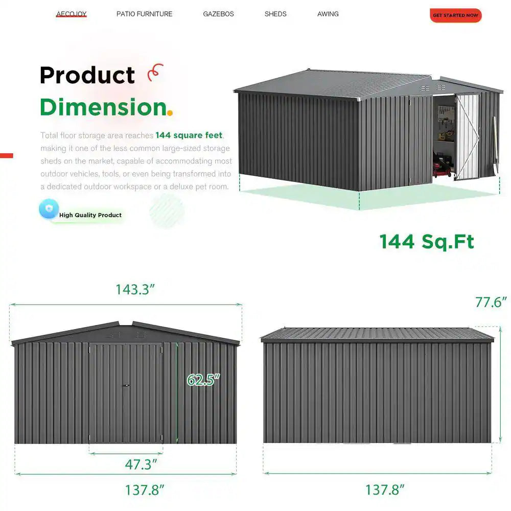 12 Ft. W X 12 Ft. D Dark Gray Metal Garden Sheds and Outdoor Storage Shed Lockable for Backyard (144 Sq. Ft.)