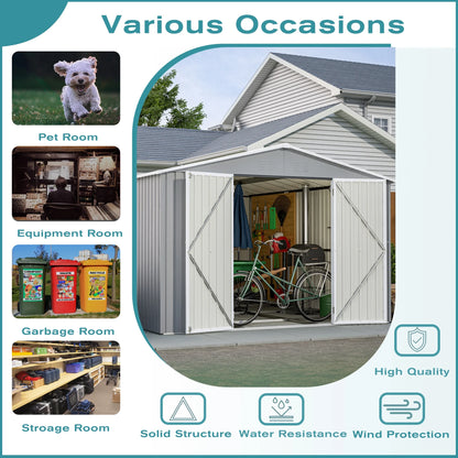 10 X 12 Ft. Outdoor Storage Shed with Floor Frame Kit, Galvanized Steel Garden Shed, Metal Tool Sheds with Double Lockable Doors for Backyard Patio Lawn, Gray