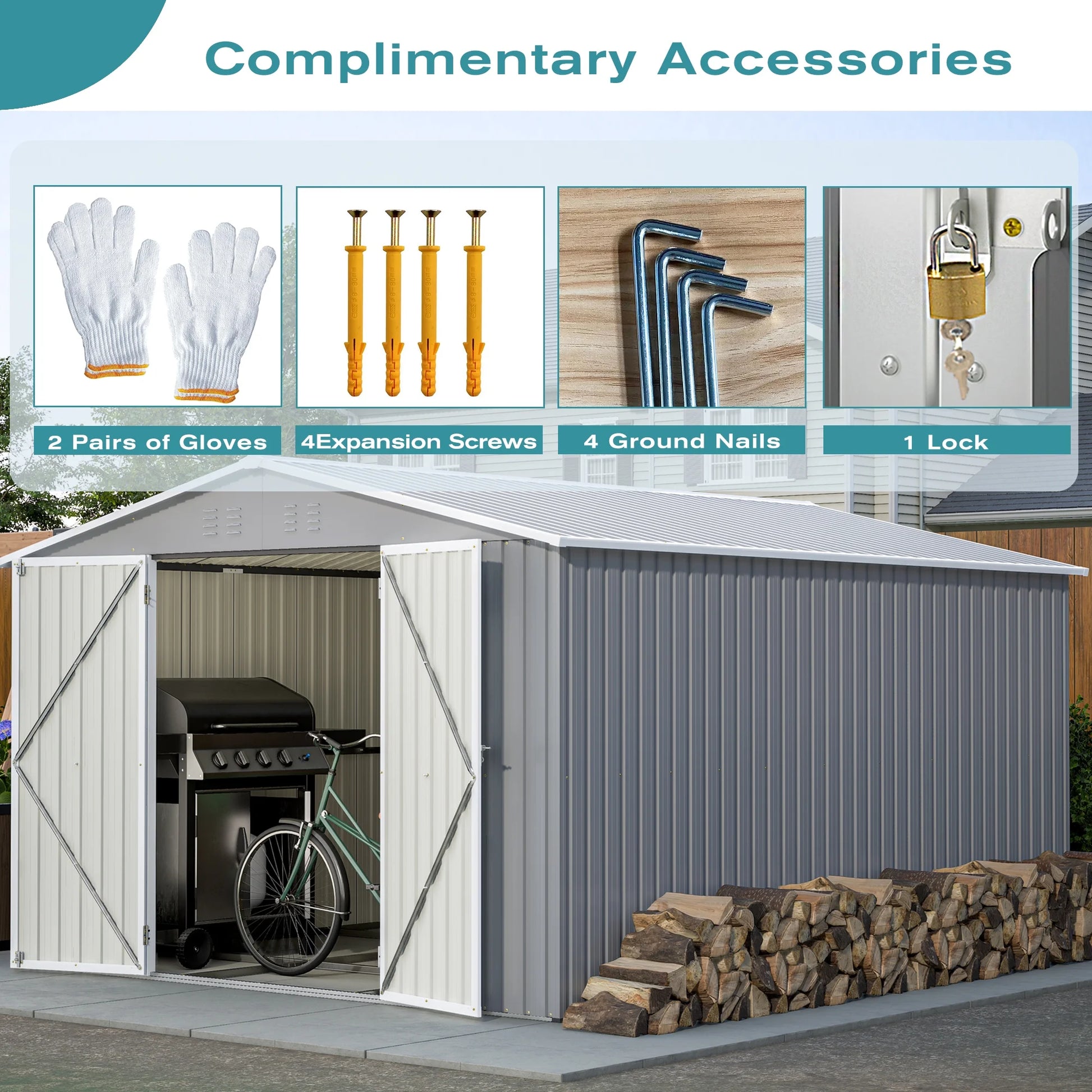 10 X 12 Ft. Outdoor Storage Shed with Floor Frame Kit, Galvanized Steel Garden Shed, Metal Tool Sheds with Double Lockable Doors for Backyard Patio Lawn, Gray