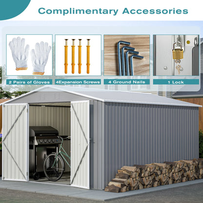 10 X 12 Ft. Outdoor Storage Shed with Floor Frame Kit, Galvanized Steel Garden Shed, Metal Tool Sheds with Double Lockable Doors for Backyard Patio Lawn, Gray