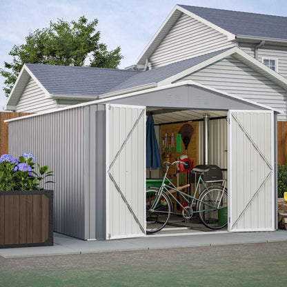 10 X 12 Ft. Outdoor Storage Shed with Floor Frame Kit, Galvanized Steel Garden Shed, Metal Tool Sheds with Double Lockable Doors for Backyard Patio Lawn, Gray